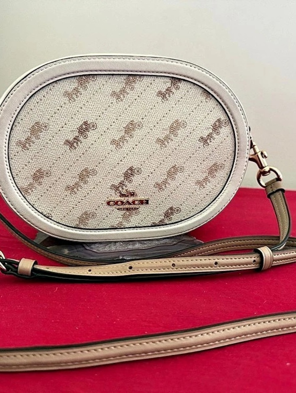 Coach Camera Bag With Horse And Carriage Dot Print Crossbody in White & Brown